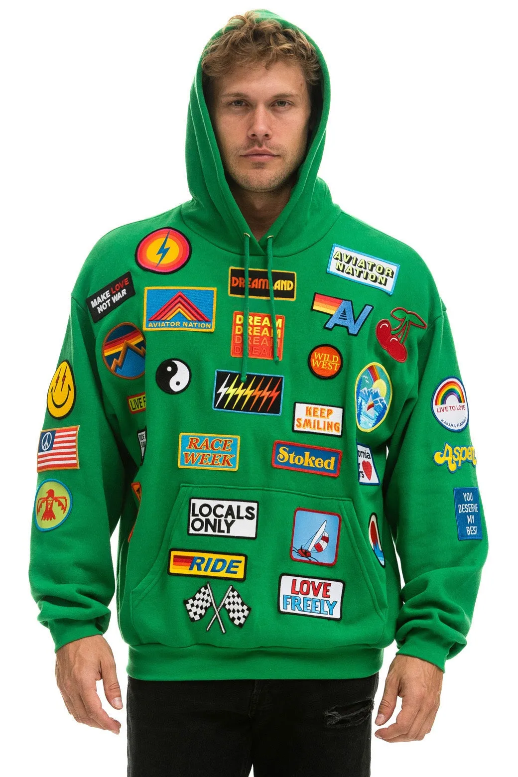 VINTAGE PATCH RELAXED PULLOVER HOODIE- KELLY GREEN