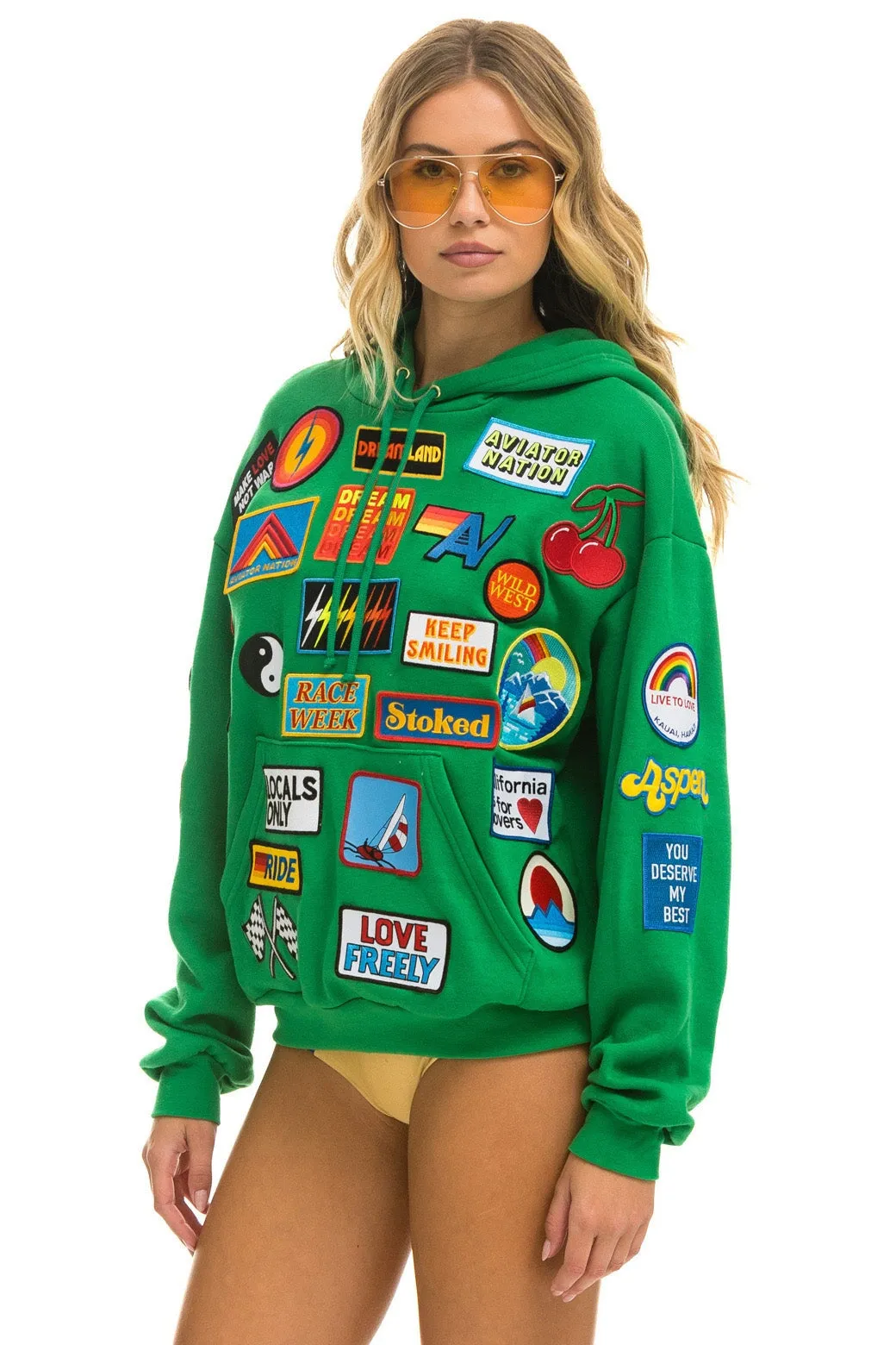 VINTAGE PATCH RELAXED PULLOVER HOODIE- KELLY GREEN