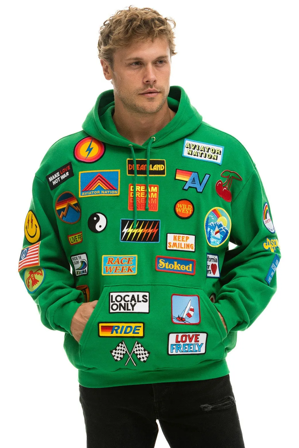 VINTAGE PATCH RELAXED PULLOVER HOODIE- KELLY GREEN