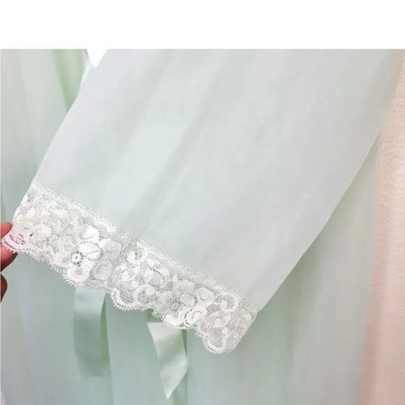 Vintage Shadowline Sea green Nylon Lace Long Sleeve Maxi Nightgown Lingerie Lg
