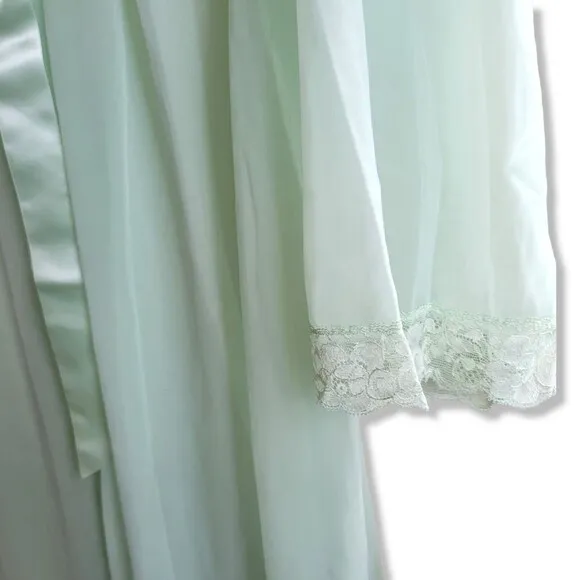 Vintage Shadowline Sea green Nylon Lace Long Sleeve Maxi Nightgown Lingerie Lg