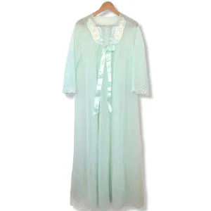Vintage Shadowline Sea green Nylon Lace Long Sleeve Maxi Nightgown Lingerie Lg