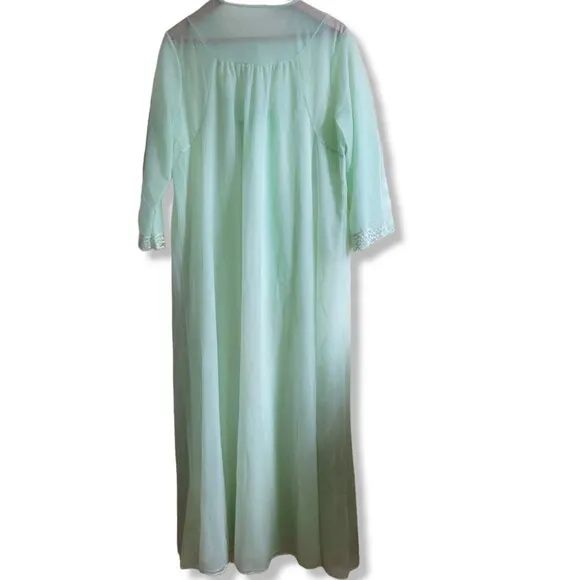 Vintage Shadowline Sea green Nylon Lace Long Sleeve Maxi Nightgown Lingerie Lg