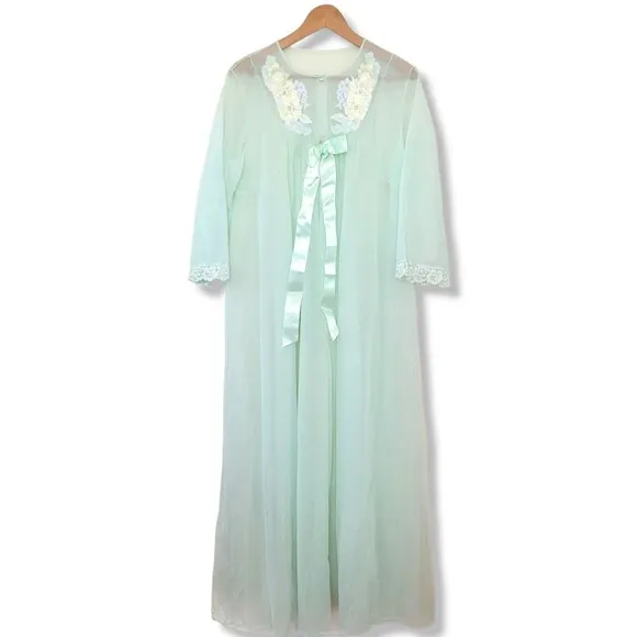 Vintage Shadowline Sea green Nylon Lace Long Sleeve Maxi Nightgown Lingerie Lg