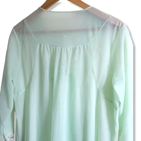 Vintage Shadowline Sea green Nylon Lace Long Sleeve Maxi Nightgown Lingerie Lg