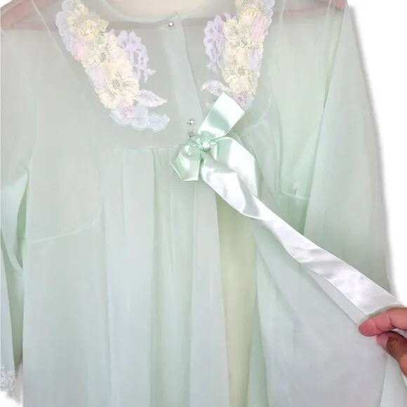 Vintage Shadowline Sea green Nylon Lace Long Sleeve Maxi Nightgown Lingerie Lg