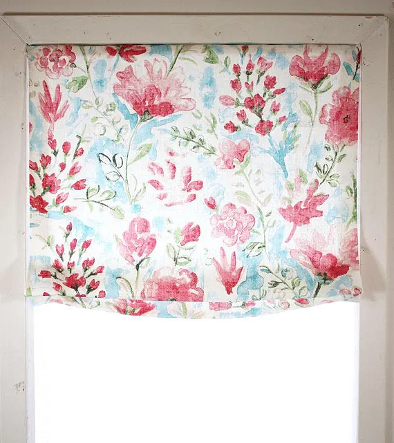 Water Floral Red Linen Relaxed Roman Shade