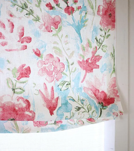 Water Floral Red Linen Relaxed Roman Shade
