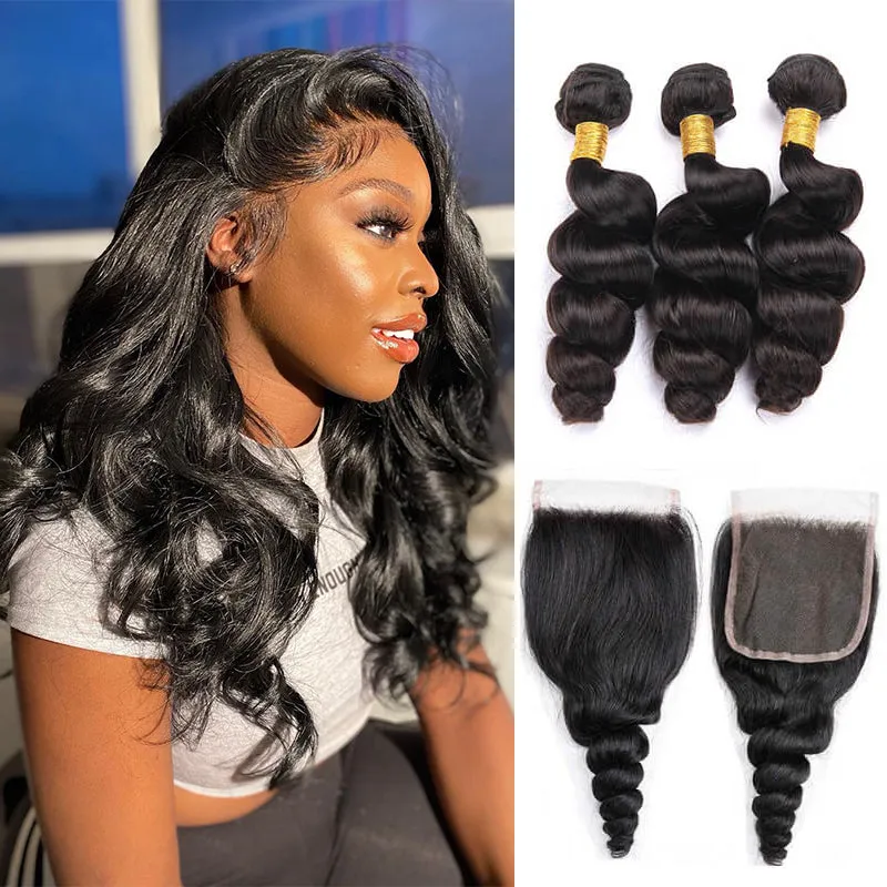 Wavymy 5x5 Lace Closure Virgin Human Hair Loose Wave With 3 Bundles