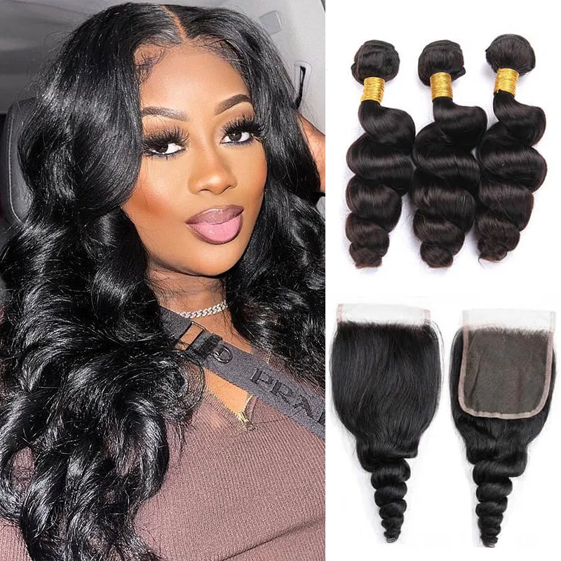 Wavymy 5x5 Lace Closure Virgin Human Hair Loose Wave With 3 Bundles