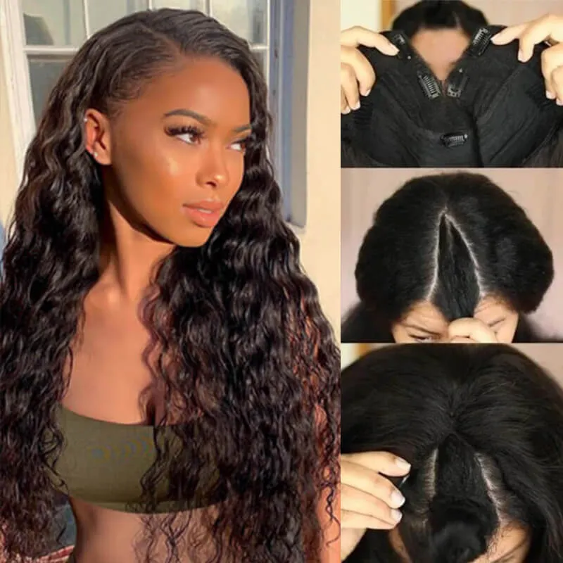 Wavymy V Part Loose Deep Wave Wigs Virgin Human Hair No Glue  No Leave Out Needed V Part Human Hair Wigs
