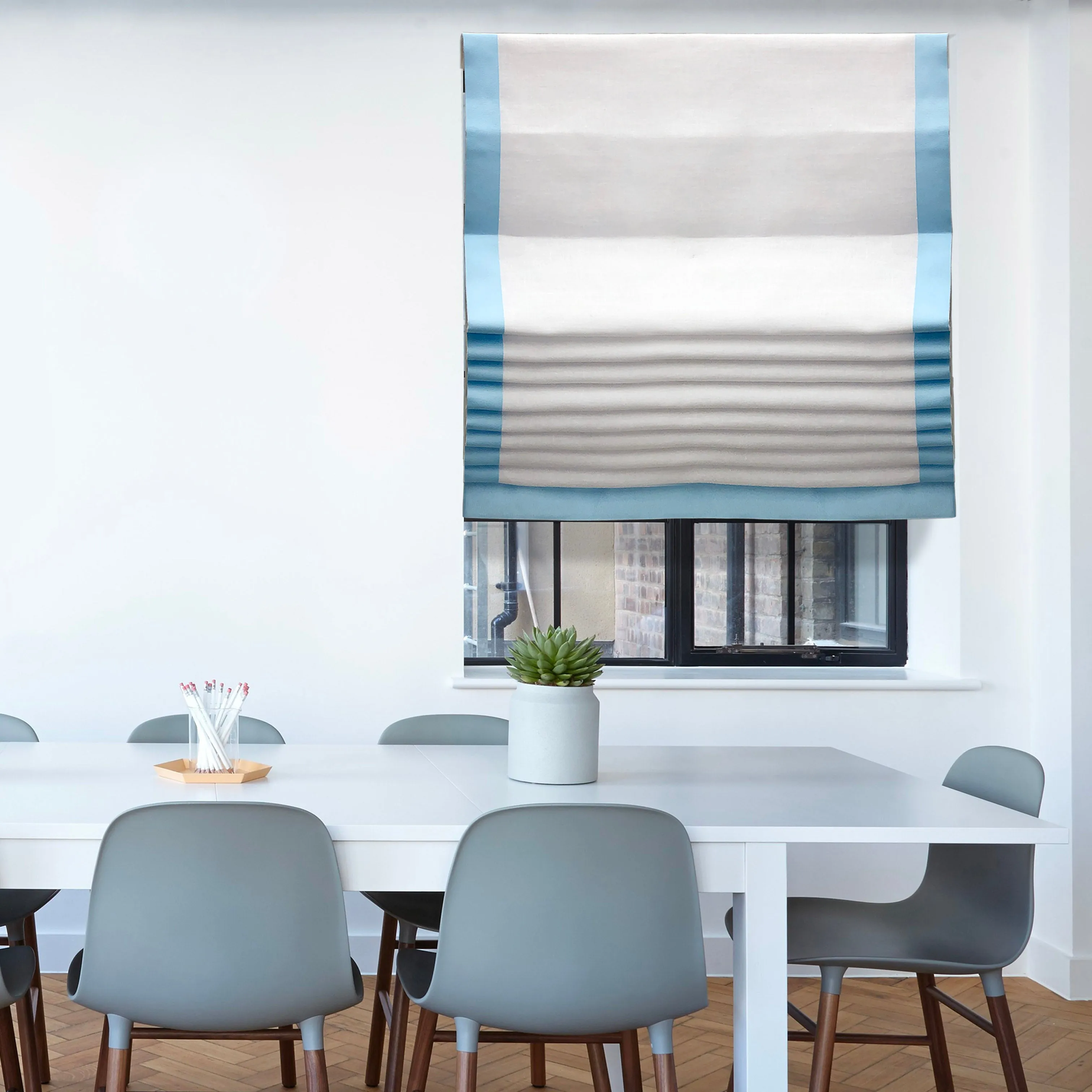White Linen with Ice Blue Border Flat Roman Shade/CL1010