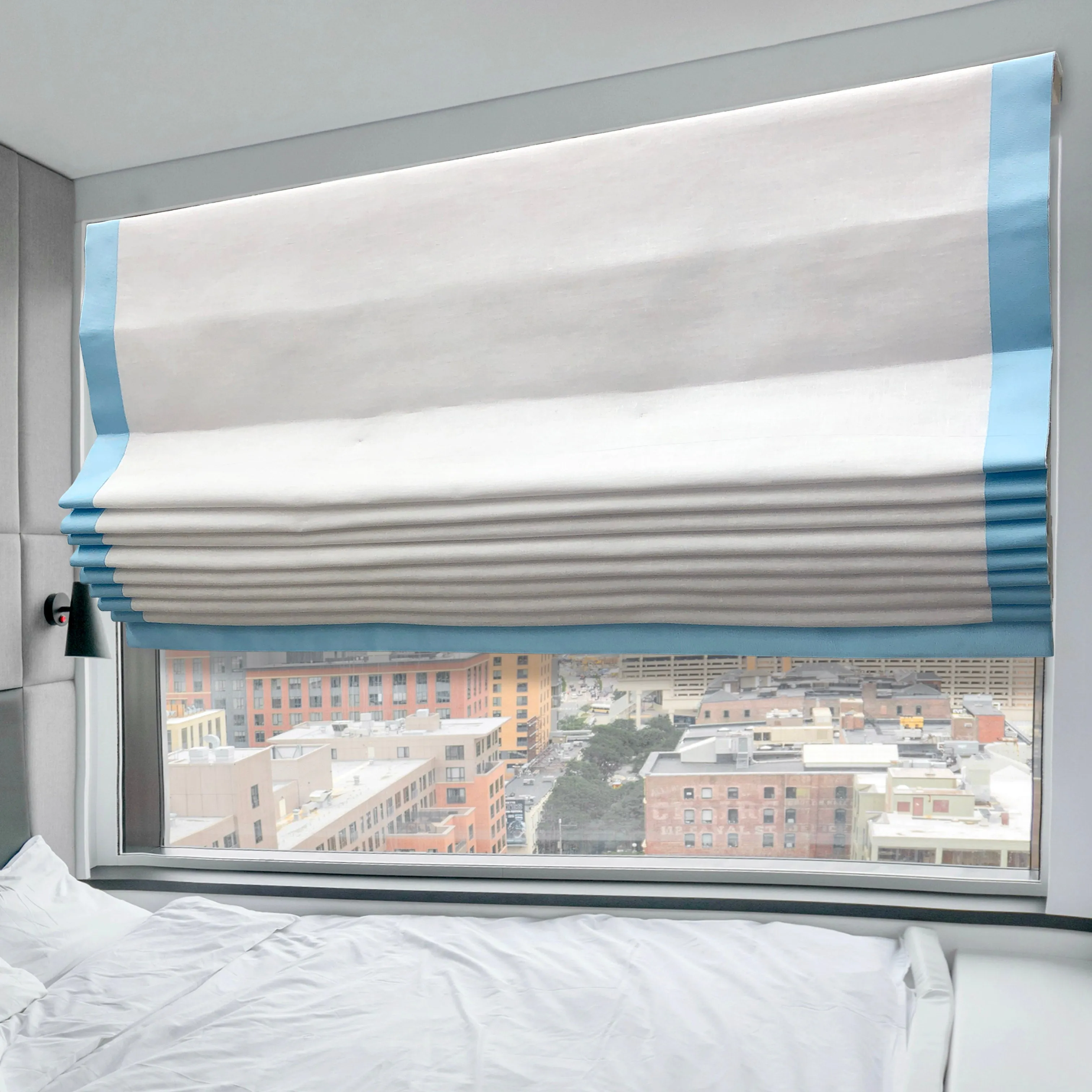 White Linen with Ice Blue Border Flat Roman Shade/CL1010