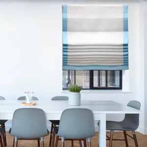 White Linen with Ice Blue Border Flat Roman Shade/CL1010
