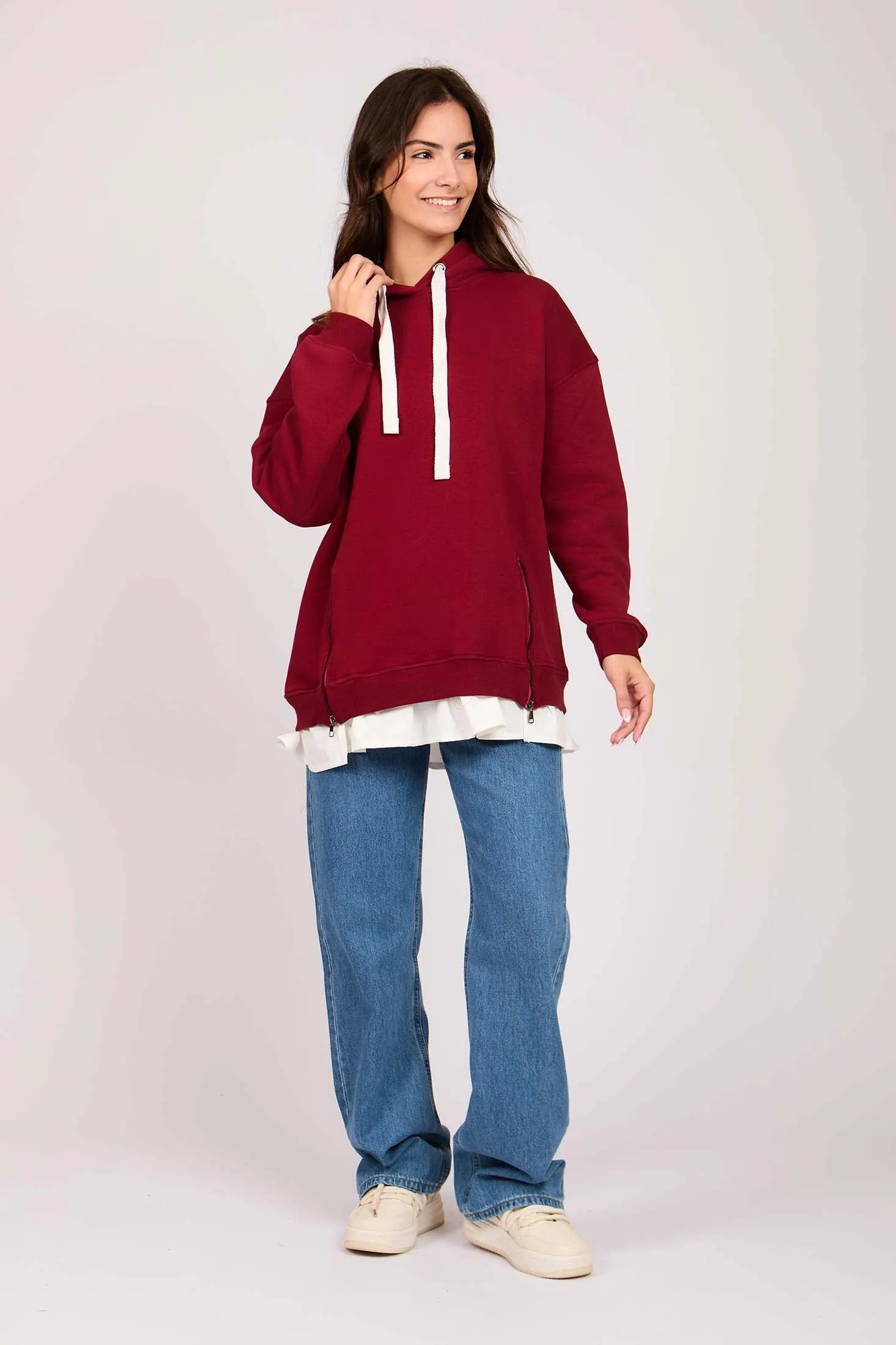 Women Sweat Shirt Short Loose Fit  Burgundy