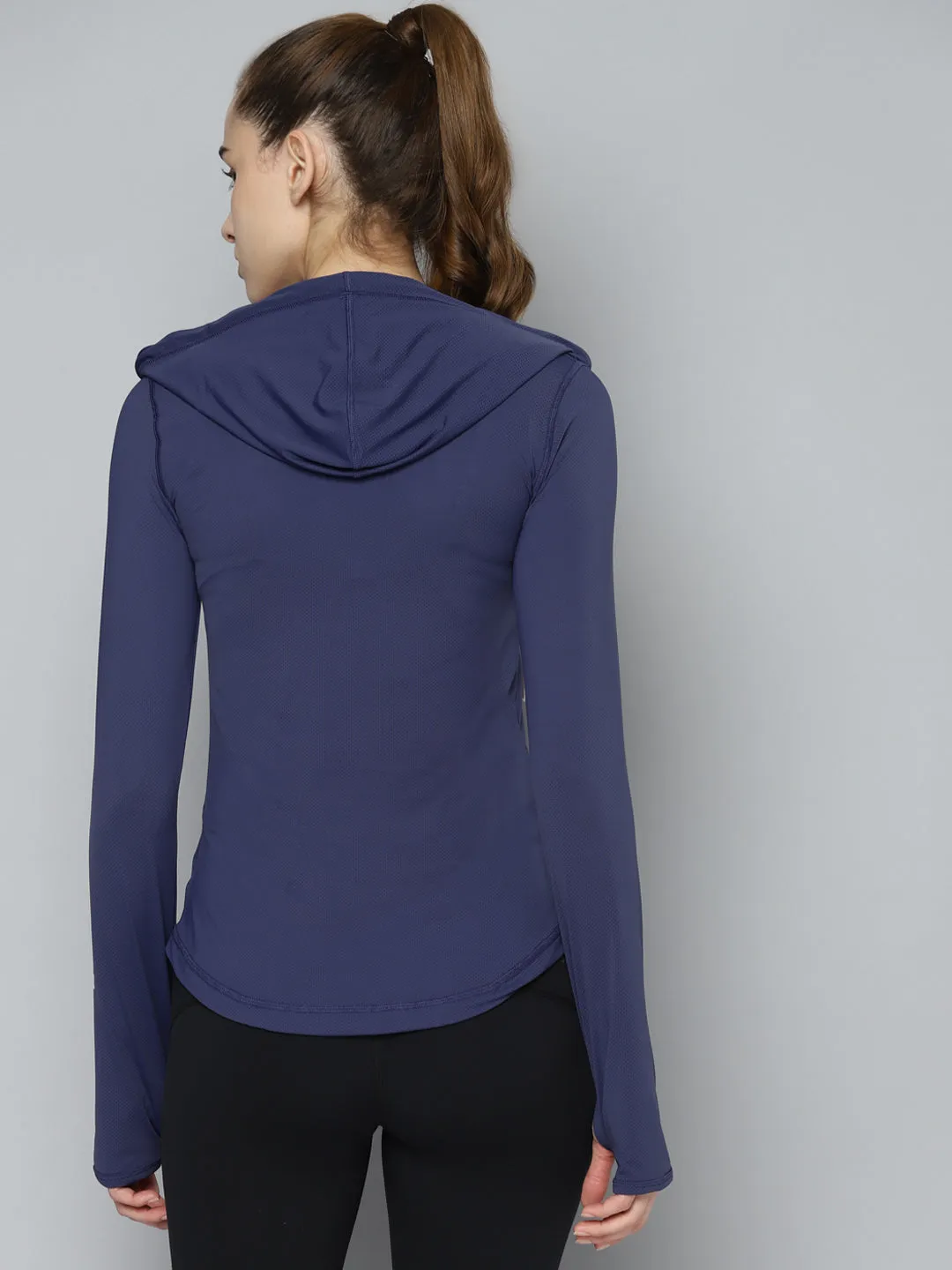 Women's Navy Blue Solid Sporty Hooded T-shirt