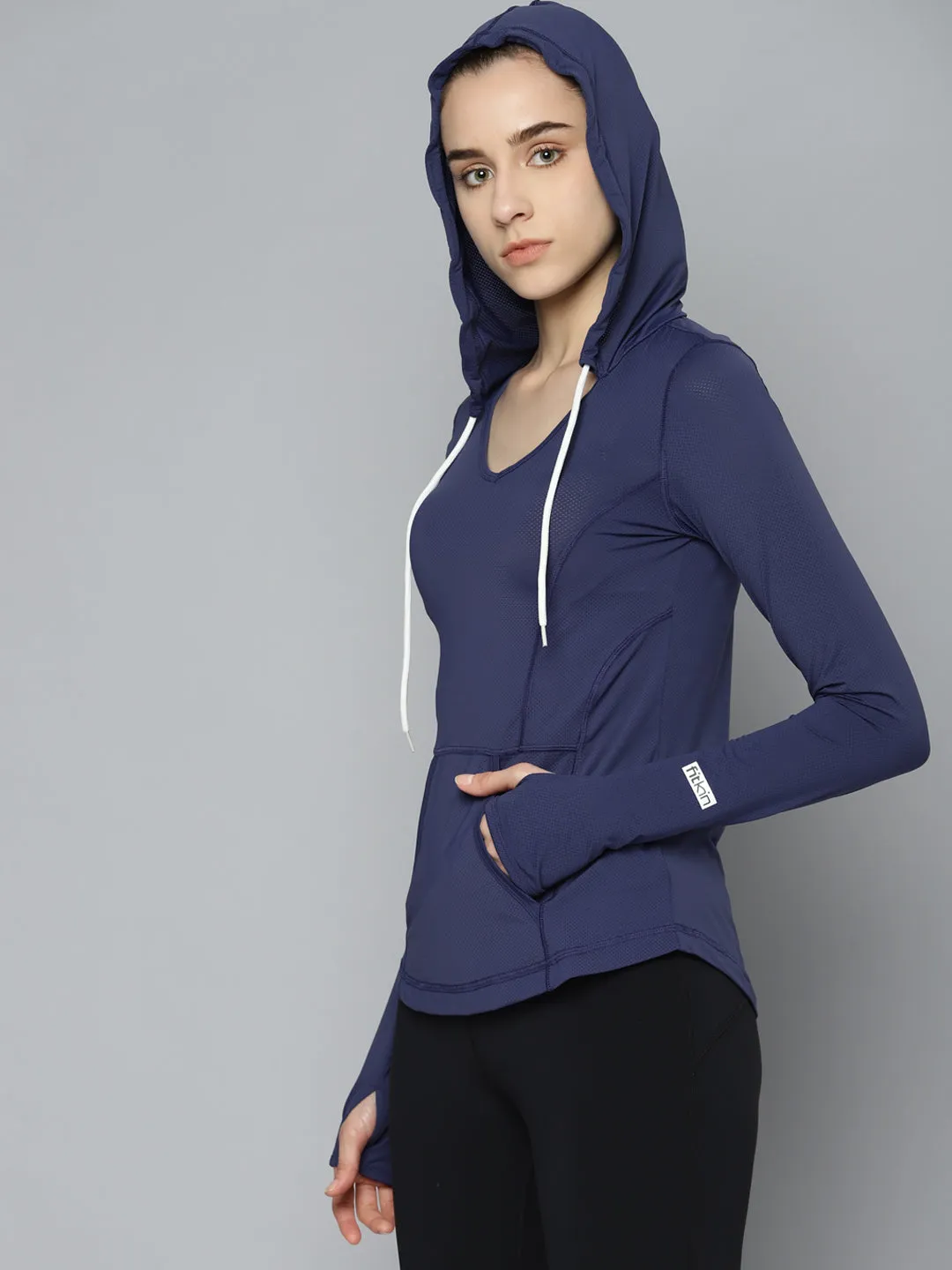 Women's Navy Blue Solid Sporty Hooded T-shirt