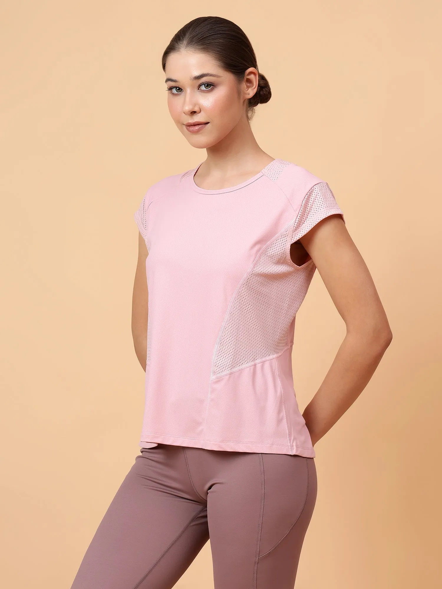 Women's Pink Solid Relaxed Fit Mesh Inserts T-shirt