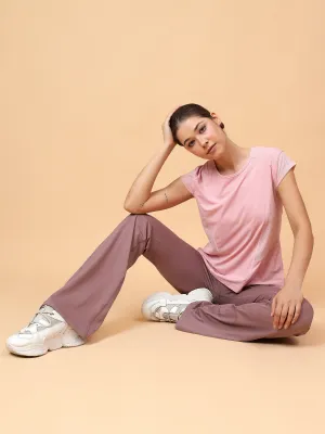Women's Pink Solid Relaxed Fit Mesh Inserts T-shirt