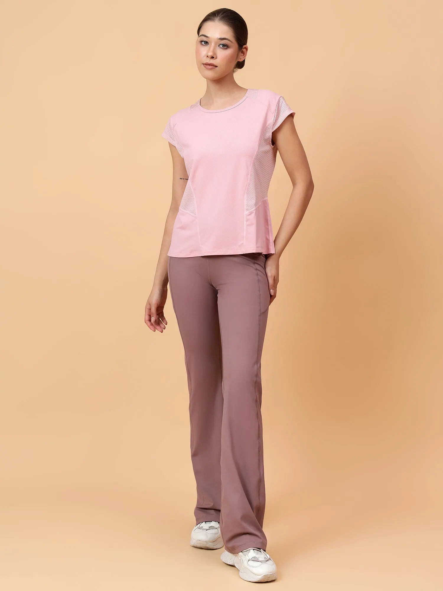 Women's Pink Solid Relaxed Fit Mesh Inserts T-shirt