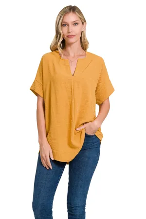 WOVEN AIRFLOW SPLIT NECK SHORT SLEEVE TOP-GOLDEN