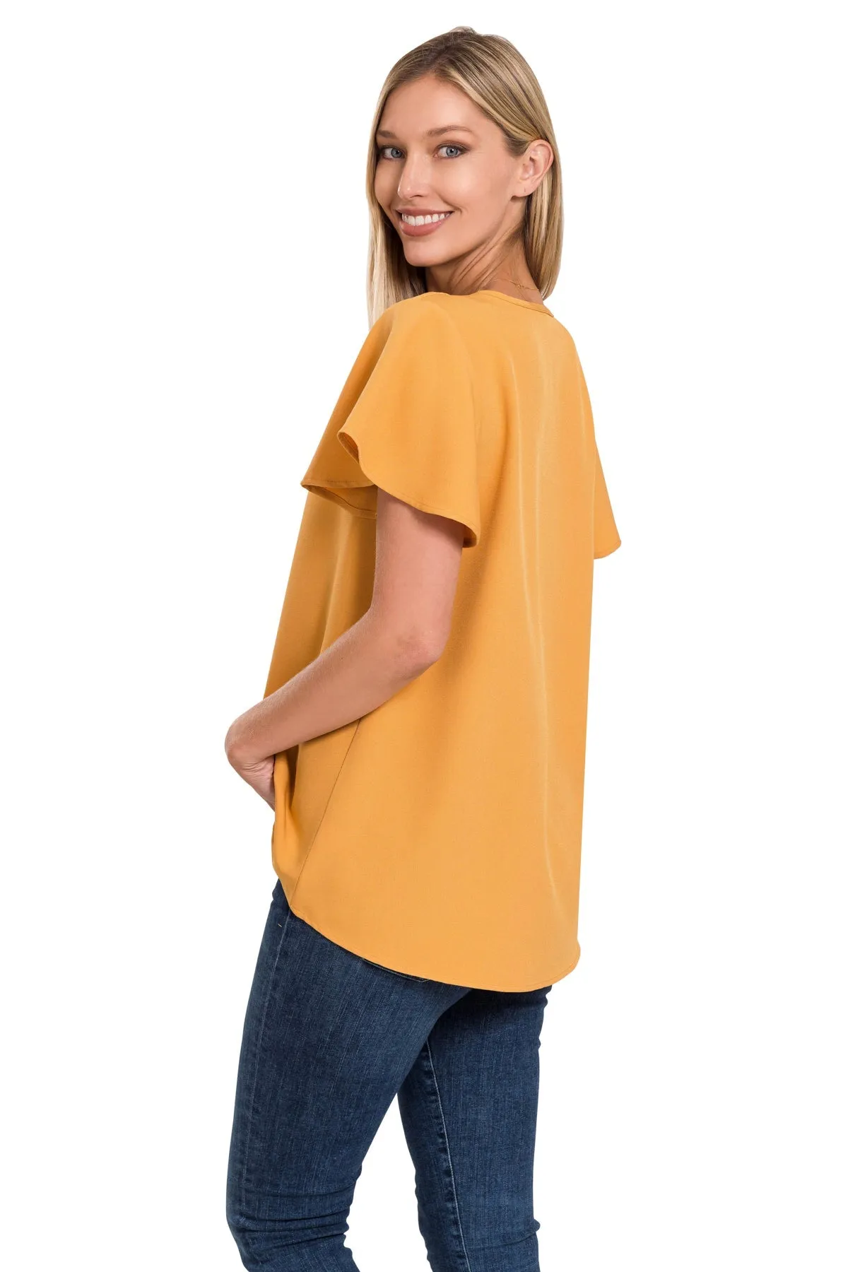 WOVEN FLUTTER SLEEVE V-NECK TOP in Golden