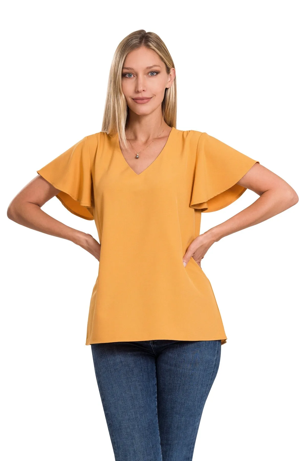 WOVEN FLUTTER SLEEVE V-NECK TOP in Golden