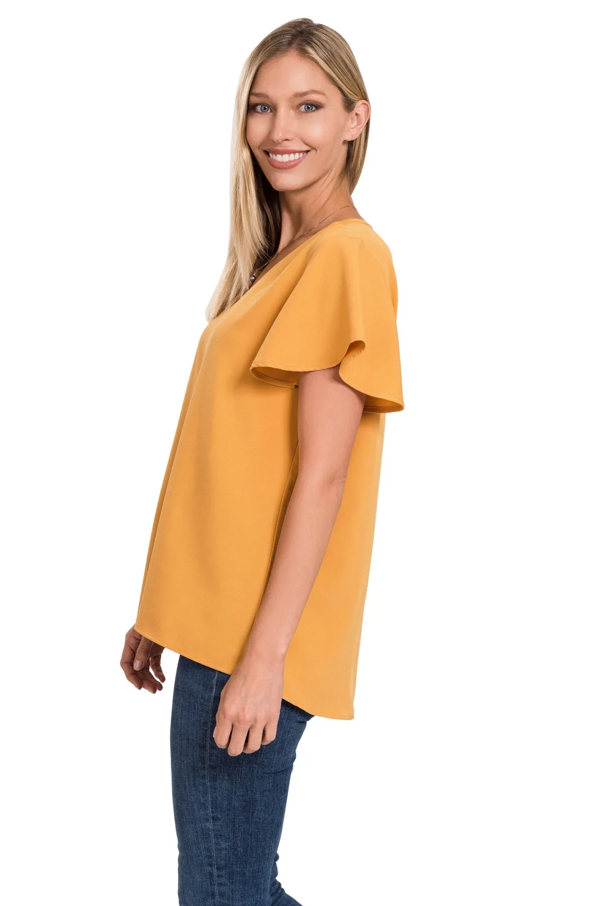 WOVEN FLUTTER SLEEVE V-NECK TOP in Golden