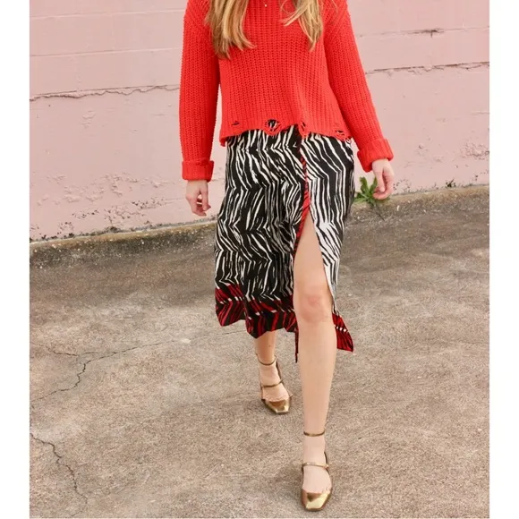 Zara zebra print pleated midi skirt with belt black red