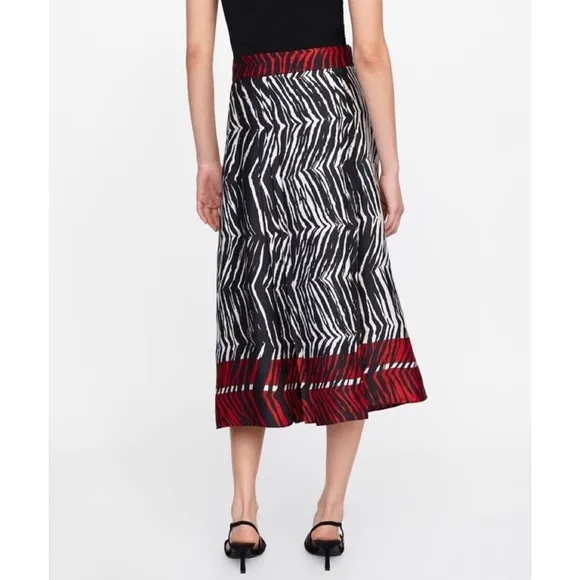 Zara zebra print pleated midi skirt with belt black red