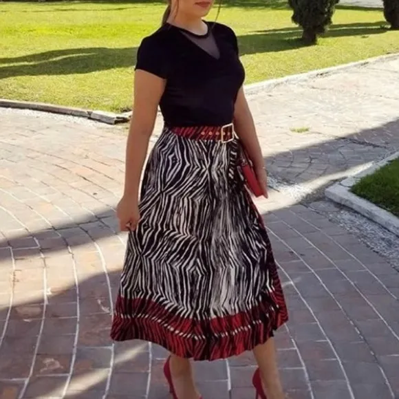 Zara zebra print pleated midi skirt with belt black red
