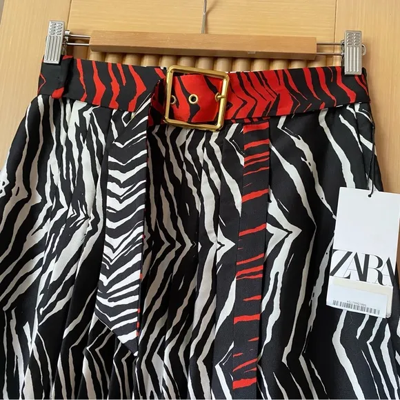 Zara zebra print pleated midi skirt with belt black red
