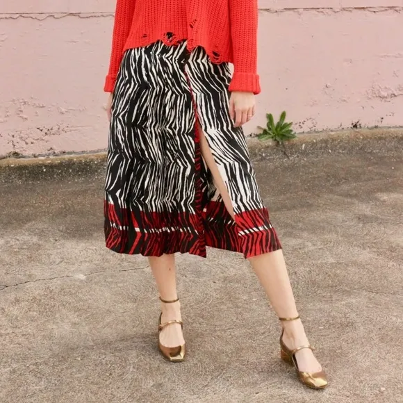 Zara zebra print pleated midi skirt with belt black red