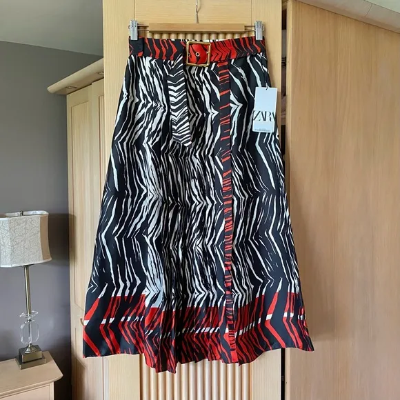 Zara zebra print pleated midi skirt with belt black red