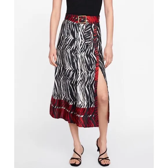 Zara zebra print pleated midi skirt with belt black red